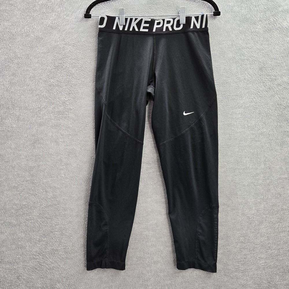 Nike Women Activewear Pants L Black Compression Leggings Crop Dri-Fit Logo